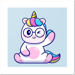 Cute Unicorn Waving Hand And Wearing Glasses Cartoon Posters and Art